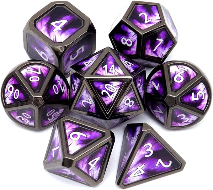 Haxtec Metal DND Dice Set Purple Black Real Scene D&D Metal Dice Set for Dungeons and Dragons TTRPG DND Gifts Elderitch Blast