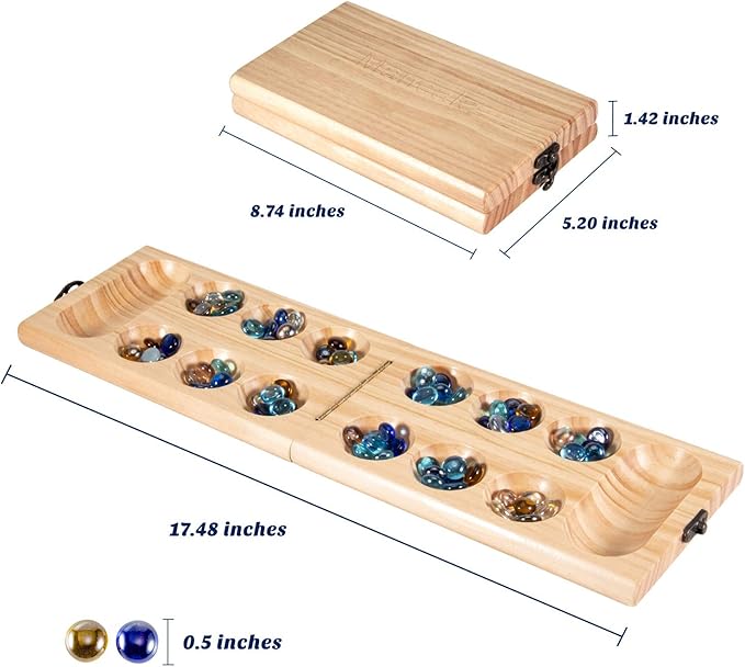 AMEROUS Wooden Mancala Board Game Set - Folding Board - 72+8 Bonus Multi Color Glass Stones - Gift Package - Mancale Instructions, Portable Travel Board Game for Kids and Adults