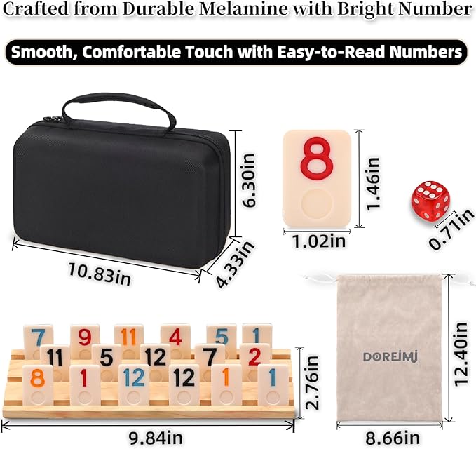 Upgraded Rummy Cube Game Set 6 Plays with 6 Wooden Racks & 162 Rummy Tiles | Portable Travel Case & Drawstring Bag & Beginner-Friendly Instruction | Family Board Game for Adults and Kids