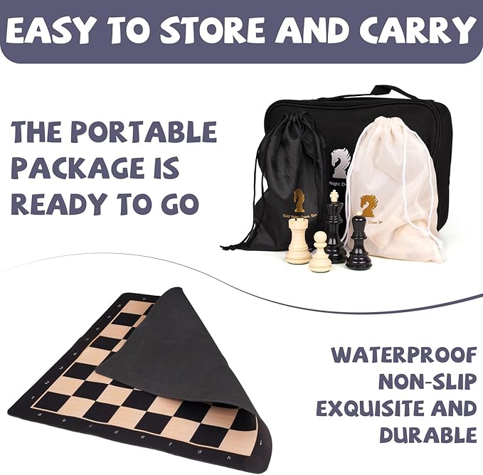 Agirlgle 20'' Tournament Chess Set for Adults and Kids Foldable Silicone Chess Board Game Chess Pieces 3.8'' King Height Portable Travel Chess Set Storage Bag for Outdoor Family Vintage Board Game