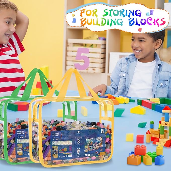 6 Packs Clear Toy Storage Bags with Zipper & Labels, Clear PVC Toy Organizer Bags Reusable with Pocket for Board Games, Building Blocks, Puzzles, Toys