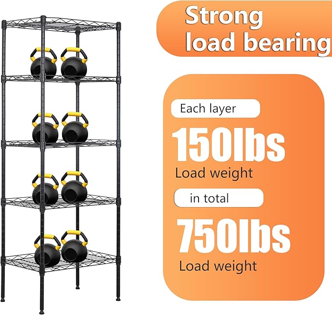 BestOffice 5 Tier Garage Shelving Heavy Duty Metal Shelves 17”D x 12”W x 48”H Easy Assemble Storage Shelves NSF Certified Wire Shelving with Leveling Feet for Garage Home Office, Black