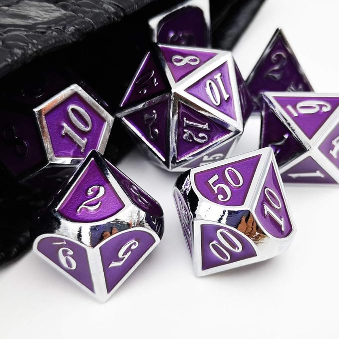 Haxtec Metal DND Dice Purple Silver with PU Leather Dice Bag D&D Dice Set for RPG Dungeons and Dragons Gifts TTRPGs-Silver Royal Purple