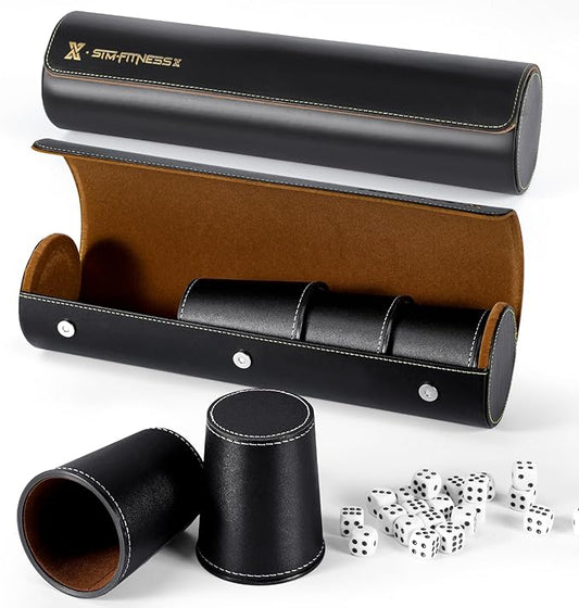 2 Set Leather Dice Cups, 10 Black Dice Cups + 50 Dice +2 Exclusive Storage and Transport Case Made of Faux Leather (Black)