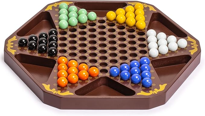 Yellow Mountain Imports Classic Chinese Checkers Halma Board Game Set with Storage, 12.6-inch Wooden Board, and Solid Color 16-Millimeter Glass Marbles