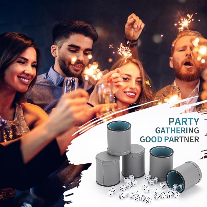 5 Pack PU Leather Dice Cups Velvet Felt-Lined Shaker Cups with 30 Dot Dice for Bar Party Yahtzee Farkle Dice Games, Grey