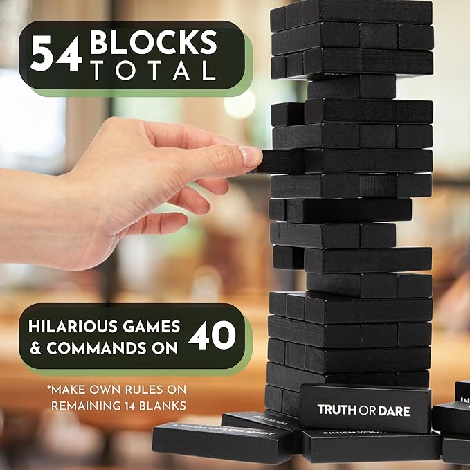 Adult Drinking Game - 54 Blocks with Hilarious Drinking Commands on 40 of Them | Perfect Party Starter | Entertaining Party Game for Adults | Novelty Funny Gift (Black)