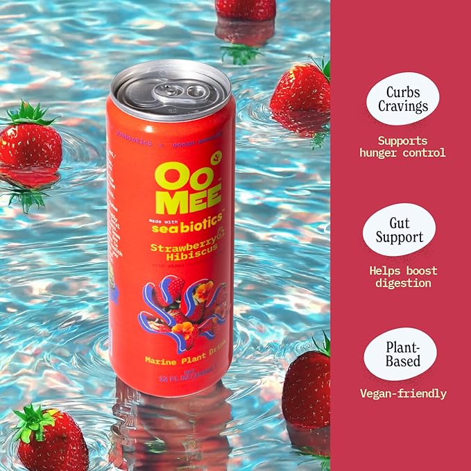 OoMee Prebiotic Drink | Strawberry & Hibiscus | Plant-Based Vegan Beverage with Marine-Sourced Agar Prebiotics (Seabiotics) for Digestive & Gut Health Functional Drink – 12oz Cans, 12-Pack