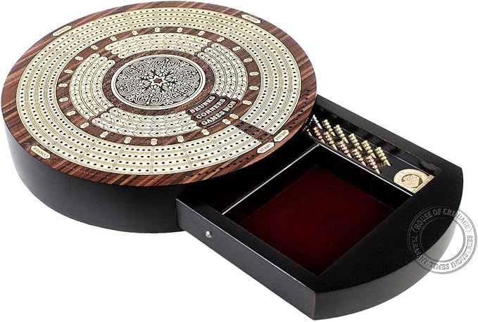 10" Round Shape 4 Tracks Continuous Cribbage Board - Rosewood/Maple - Push Drawer with Score Marking Fields for Skunks, Corners & Won Games