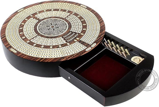 10" Round Shape 4 Tracks Continuous Cribbage Board - Rosewood/Maple - Push Drawer with Score Marking Fields for Skunks, Corners & Won Games