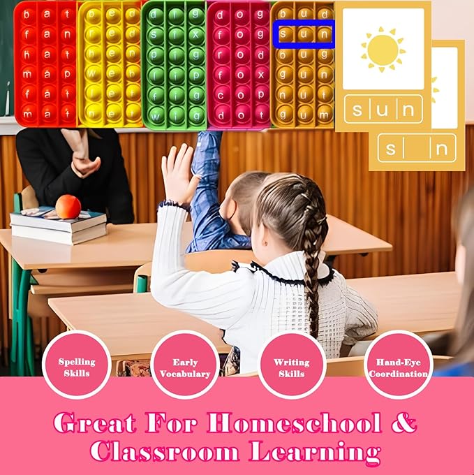 CVC Word Popper & CVC Word Flashcards, CVC Word Games, Learn to Read Fidgety Board Sight Words Phonics Reading Spelling Writing Kindergarten Learning Activity, Sensory Educational Toy for Kids