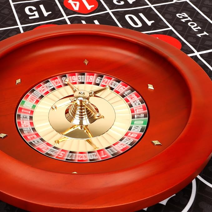 11 inch Solid Roulette Wheel Set with 47.2 x 22.8 Inch Double Sided Table Layout Felt Mat, 100 ABS Chips, and Dealer Button Playing Cards Casino Roulette Game Sets for Adults