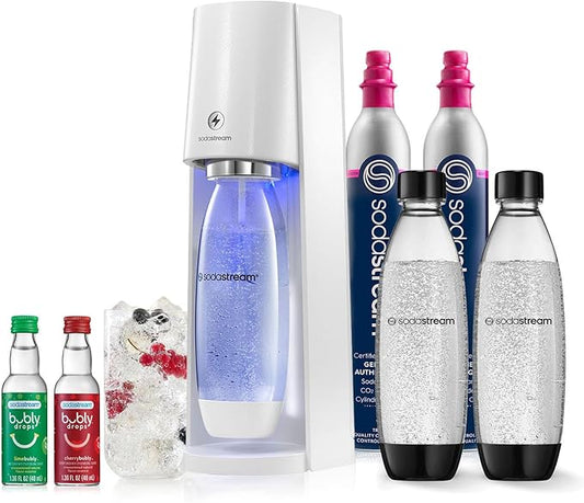 SodaStream E-TERRA Sparkling Water Maker Bundle (White), with CO2, Carbonating Bottles, and bubly Drops Flavors
