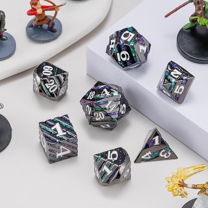 Dungeons and Dragons Dice, Metallic Stripes Dice with Gift Case, Metal Polyhedral Dice Sets for Tabletop Games D&D Role Playing Game (Black Nickel-Purple Green)