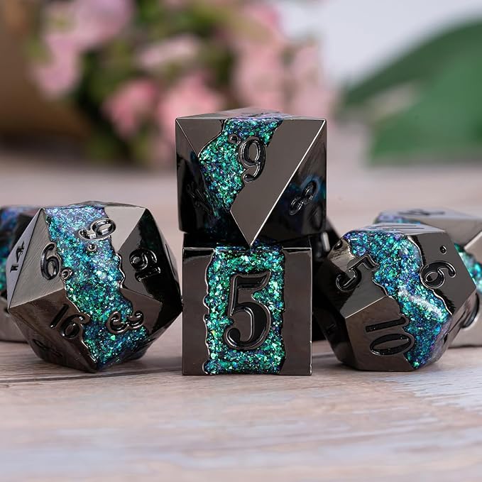 Metal RPG Dice Set,DND Polyhedral Dice Set 7pcs,Metallic Glitter Large Stripe Dice Set for Dungeons and Dragons Role Playing Games(Black Nickel Dark Green)