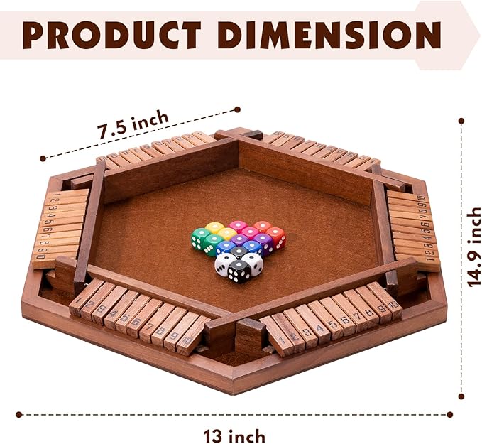 Shut The Box Wood Board Game,2-6 Player Puzzle Game, 16 Dice Educational and Entertaining Classic Tabletop Math Game for Kids