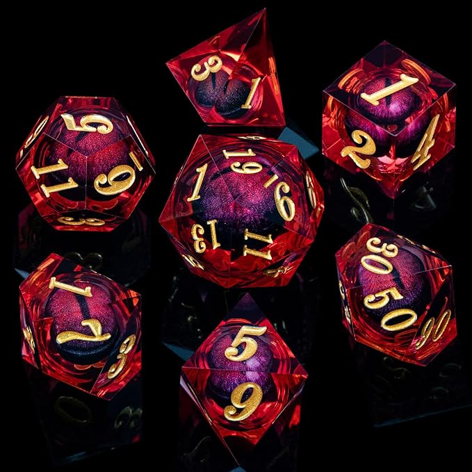 ARUOHHA DND Dragon Eye Dice Liquid Core Red Resin Sharp Edged Dice with Gift Box, Polyhedral D and D Dice Set Handmade Role Playing Game D20 D12 D10 D8 D6 D4