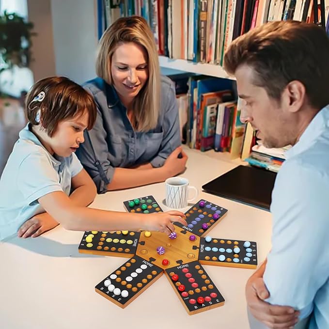 Marble Board Game, Wooden Board Game for 4 and 6 Players, Portable Original Marble Game with 24 Marbles 12 Dice for Family Friends Party Game Night Black