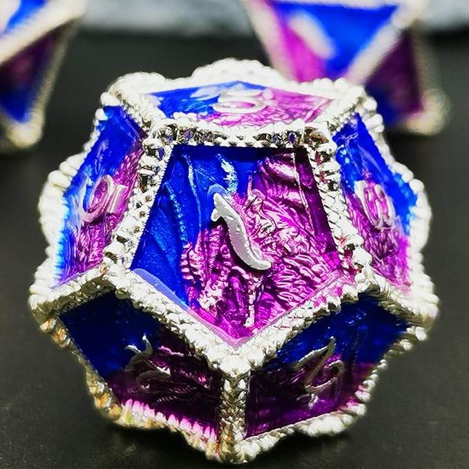 HAOMEJA DND Dice Metal Dragon Set Dice 7 Role Playing Dice D&D Solid Dice Dungeons and Dragons (Silver Blue Purple)