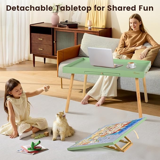 1500 Pieces Wooden Jigsaw Puzzle Board with Legs, 35"x26.8" Felt Mat Puzzle Table with 5 Drawers and Cover, 3 Adjustable Tilting Angles Up to 40° Puzzle Table for Adults and Teens, Mint Green