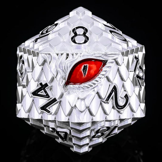 Metal D20 DND Dice Set - Dragon Scale Metallic 20 Sided Giant Polyhedral Dice,35mm Large Dragon Eye Metal D&D Dice Set for Dungeons and Dragon Tabletop Game(White Dragon Scale)