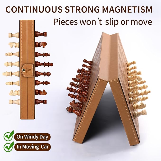 15" Magnetic Chess Set & Checkers Set 2 in 1,Rinten Leather Portable Travel Chess Board Game Sets with Velvet Bag Packaging Beginner Large Chess Set for Kids and Adults