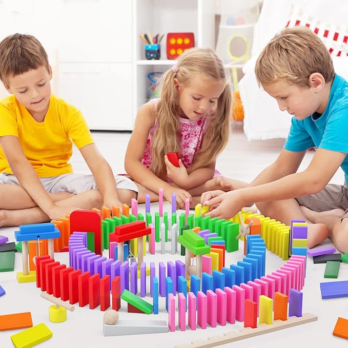 PEBIRA Large Dominoes for Kids, Wooden Dominos Set Include 200 PCS Colorful Domino Blocks, 11 Add-on Tricks and 1 Storage Bag, Bulk Building Dominoes, Kits Gift for Boys Girls Adult
