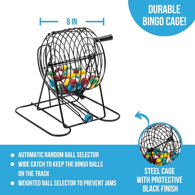 Regal Bingo Deluxe Bingo Game Set for Adults and Kids - Includes 6 Inch Bingo Wheel Cage, 75 Balls, Master Board, 18 Cards, and Colorful Chips - Fun Family Bingo Night