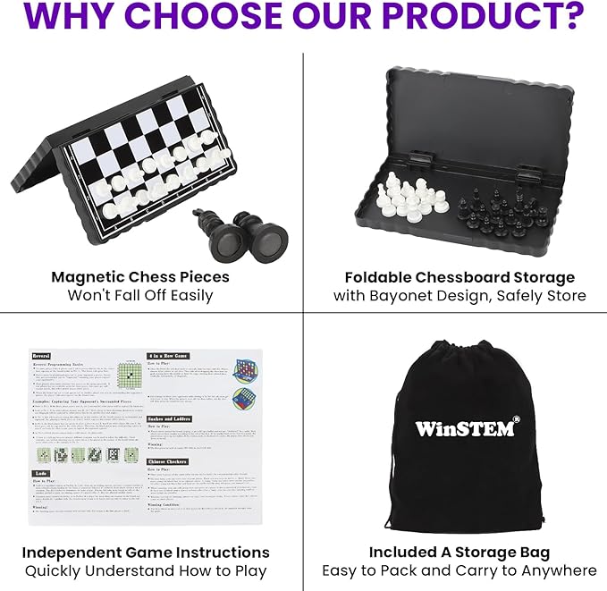 8-in-1 Mini Travel Board Games Set, Magnetic Checkers Game with Folding Magnet Board, 4 in a Row Game, 5.2'' Compact Design Ideal for Family/Road Trip/Travel/Camping Party, Included Storage Bag