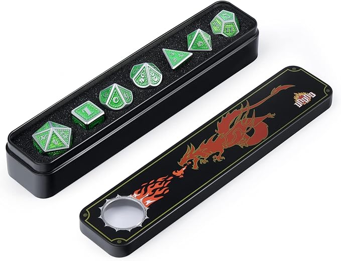 DND Metal Dice Set with Gift Metal Tin DNDND Metallic Dungeons and Dragons Dice Set for D&D Game (Neno Green & Green with Matt Silver Edge)