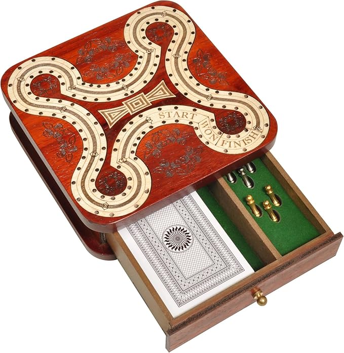 PALM ROYAL HANDICRAFTS 2 Track Wooden Cribbage Board- Two Player Cribbage (60 House) - Alphabet X Track Cribbage Board-2 Decks of Cards and pegs Available (5.5 x 5.5 Inches Small).