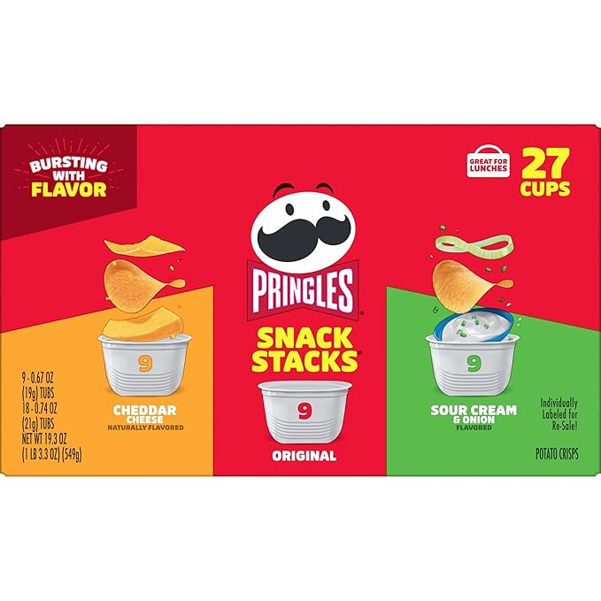 Pringles Potato Crisps Chips, On-the-Go Snacks, Snack Stacks, Variety Pack, 19.3oz Box (27 Cups)