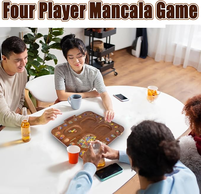 4 Player Wooden Mancala Board Game,4 Player Mancala Board Game Set, Great Glass Beads,Classic & Portable Marble Game for Family Game Night and Travel Game