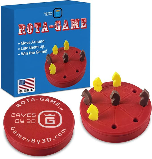ROTA Game, Tic-Tac-Toe Game with Never a Tie, A Winner in Every Round, Ancient Roman Strategy Game, Portable 4" Board, Pockets or Purse-Size, with Horse Pieces, Made in USA (Red)
