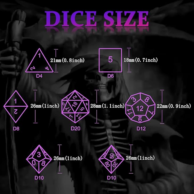 Hollow Grim Reaper Metal Polyhedral Dice Set - Purple Numbered D&D, Pathfinder, Warhammer, Shadowrun Gaming Dice