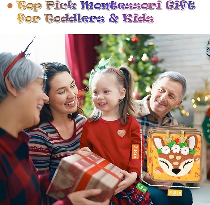 Busy Book for Toddlers 1-3, Montessori Deer Busy Book Toy for Girls, Preschool Learning Book Toy for Kids
