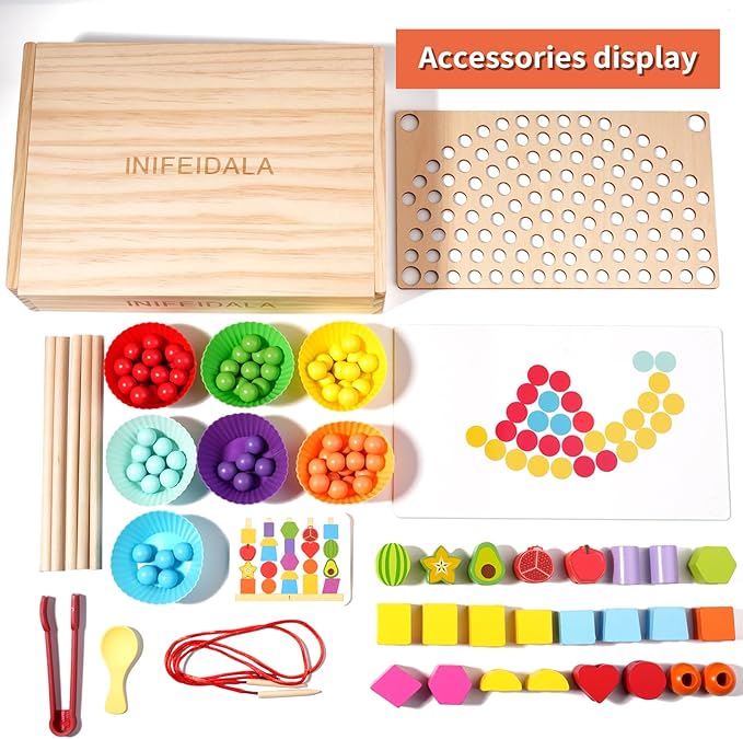 Toddler Learning Montessori Toys for 3 4 5 6 Year Old,Rainbow Stacking & Lacing Beads & Matching Shape Stacker - Wooden Peg Board Beads Sequencing Toy Set - Fine Motor Skills Toys for Boys & Girls