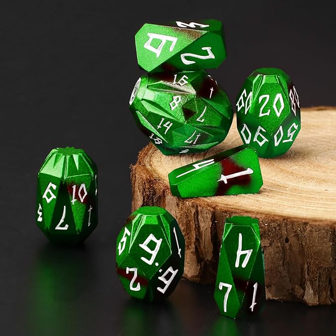 Metal DND Dice for Dungeons and Dragon, Metal Dice Set D and D with Cardboard Box Unique Cool RPG Polyhedral Dice for Role Playing Tabletop Games Gifts (Black Green)