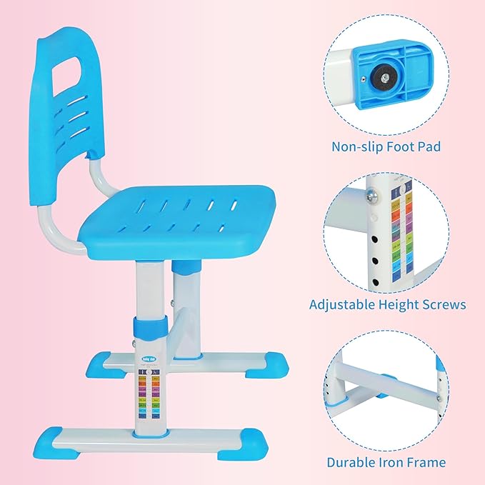 Adjustable Student Desk and Chair Set, 3-15 Kids School Desk with Drawing Tilt Desktop/LED Light/Cup Holder/Bookstand/Storage Drawer, Study Desk for Boys & Girls,Blue