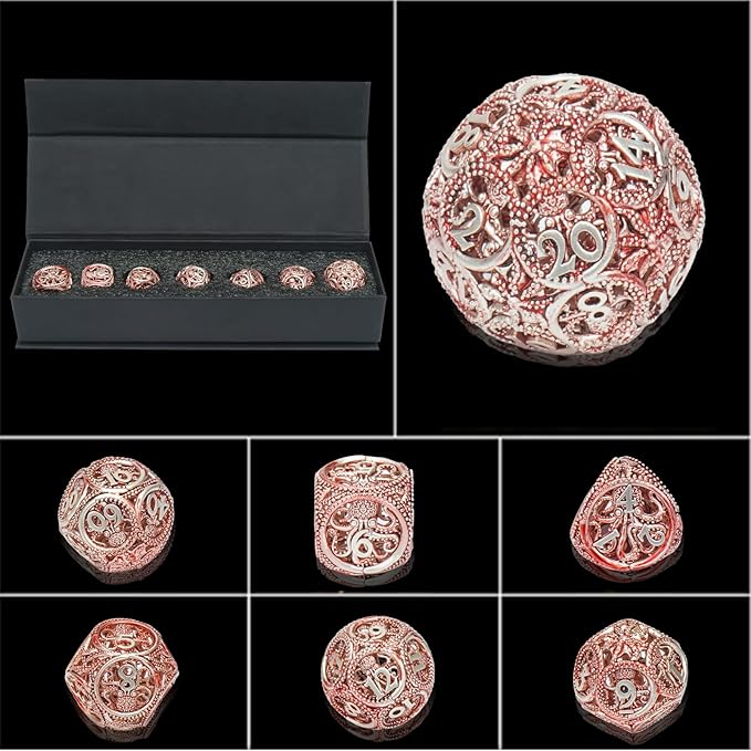 DND Dice,Hollow D&D Metal Dice,Unique Round Ball Design Octopus Dice with Gift Box for Dungeons & Dragon Gaming,7 PCs Steampunk Polyhedral D and D Dic (Octopus red)