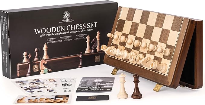 A&A 15" Magnetic Wooden Chess Set, Handmade 3" King Height Knight Staunton Chess Pieces with 2 Extra Queen, Folding Portable Travel Game Set