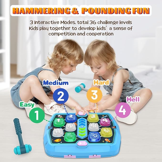 Hammer Mole Game Toy for Toddlers, Toys for 3 4 5 6+ Year Old Boys/Girls, Interactive Educational Pounding Toys with 2 Hammers, Sound & Light, PK Mode, Birthday Xmas Toy Gifts for Kids Age 3 4 5 6+