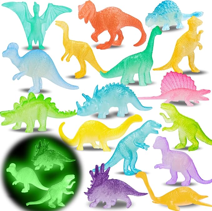 16PCS Glow in Dark Mini Dinosaur Figures for Kids Birthday Party Favors Supplies Dino Cupcake Topper Decoration Goodie Treat Bag Stuffers Pinata Fillers Treasure Carnival Prizes Small Bulk Toy Trinket