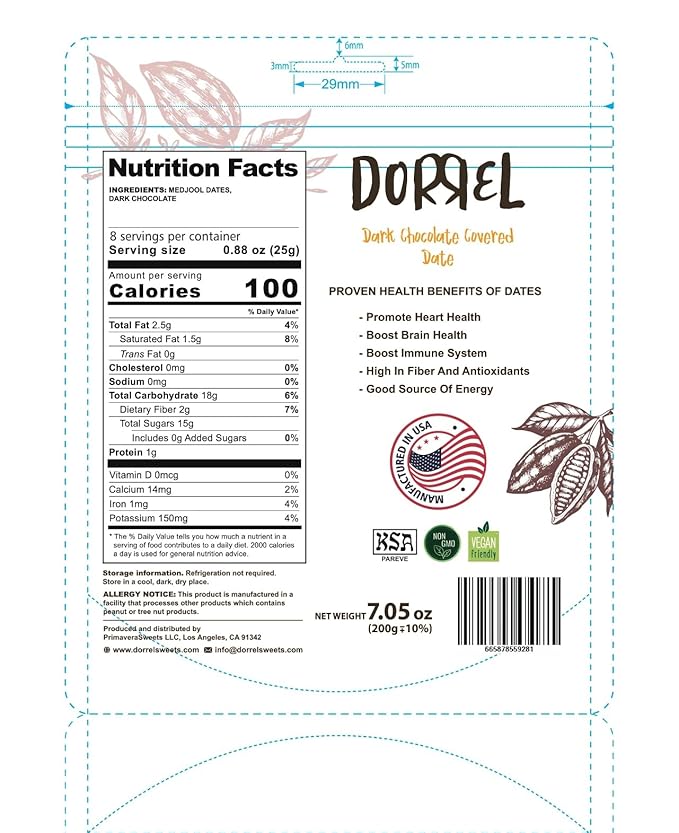 DORREL - Belgian Dark Chocolate Covered Medjool Dates, High Energy Vegan Choco Snack Delicious, Kosher & Non-GMO, Pack of 1 Chocolate Covered Dates, 7.05 oz / 200 g Ea