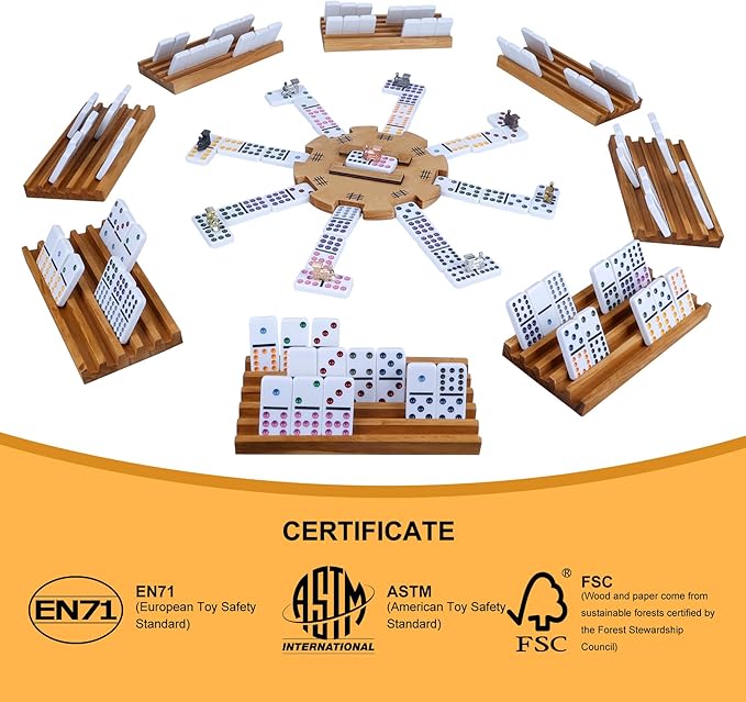 Mexican Train Double 12 Dominoes Set with Wooden Box, Domino Tile Board Games with 8pcs Trays, 9 Markers, 91 Tiles, 2 Scoreboards and Hub - Dominos Set for Adults Kids and Family Game Night