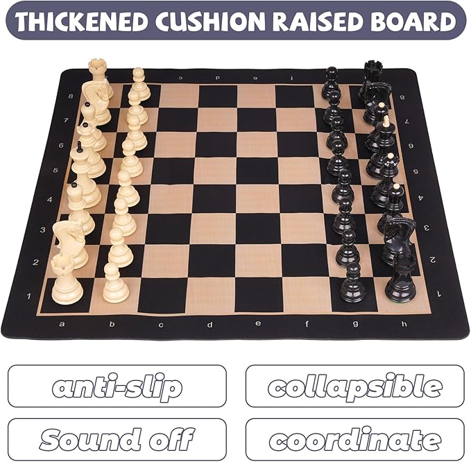 Agirlgle 20'' Tournament Chess Set for Adults and Kids Foldable Silicone Chess Board Game Chess Pieces 3.8'' King Height Portable Travel Chess Set Storage Bag for Outdoor Family Vintage Board Game