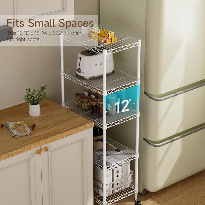 Small 5 Tier Shelves Storage Wire Shelving Unit Metal Shelf Adjustable Organizers Storage Shelving with Wheels for Bathroom Laundry Room Kitchen Pantry12”D x 18”W x 57.2”H White