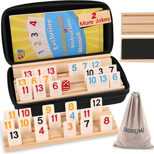 Upgraded Rummy Cube Game Set 4 Players with 4 Wooden Racks & 108 Rummy Tiles | Travel & Family Board Game for Adults and Kids