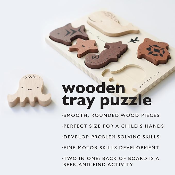 Wee Gallery Wooden Tray Puzzle Ocean Animals, Montessori Toy for Toddlers and Preschoolers for Early Learning and Fine Motor Skill Development, Sustainable Educational Puzzle for Kids