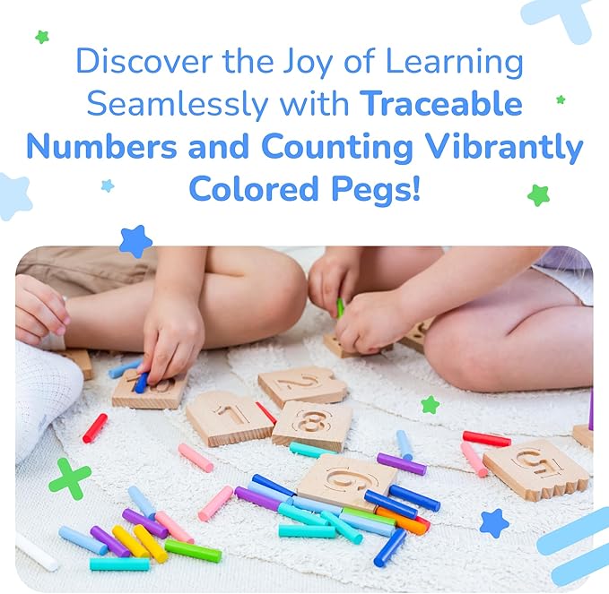 Bimi Boo Counting Peg Boards and Number Tracing for Kids - Wooden Montessori Math Toy for Toddlers and Preschoolers - Math Manipulatives for Kindergarten (55 Pegs, 10 Boards, 1 Pen)